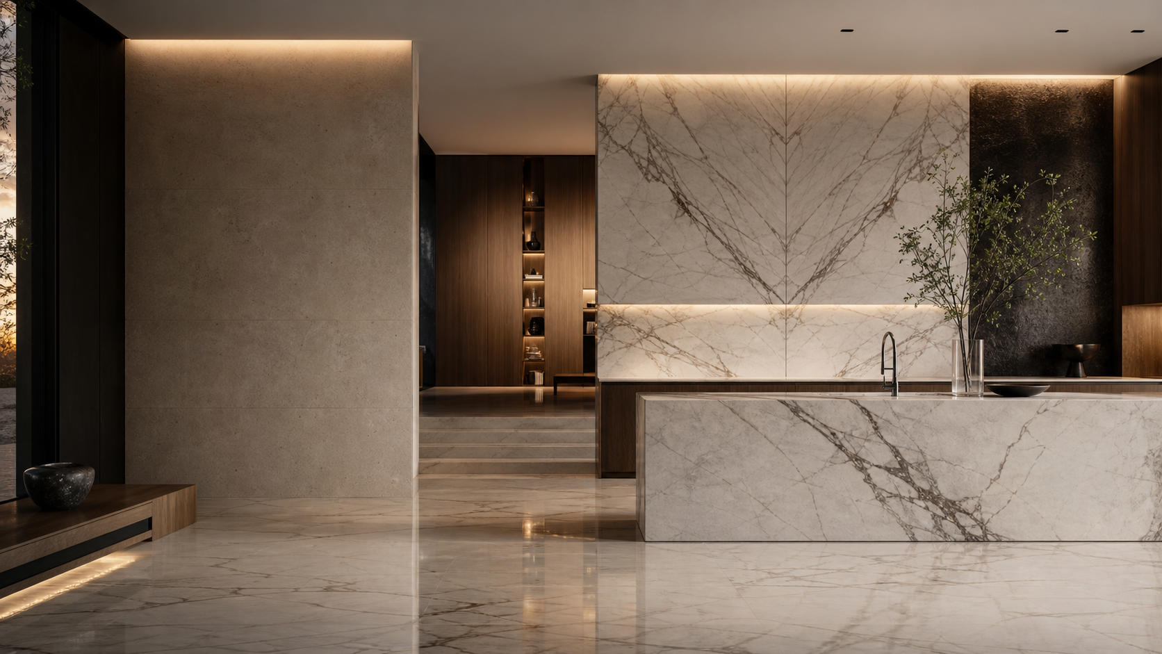 Interior contemporáneo de lujo con mármol bookmatched, isla de piedra y pisos pulidos